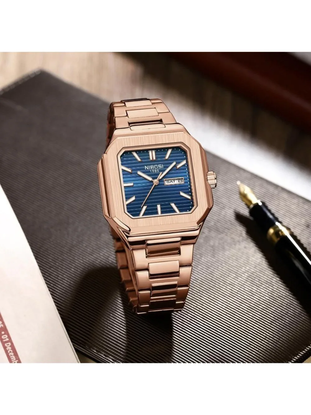 Nibosi Men's Rose Blue Analog Quartz Stainless Steel Waterproof Square Watch